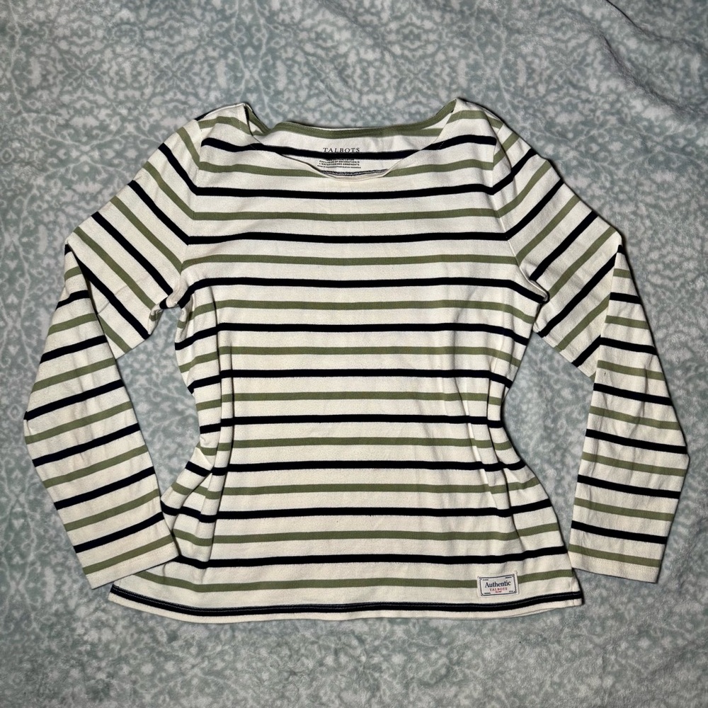 Talbots Authentic Striped Boatneck Cotton Top Olive Navy Green - Size M - Cotton